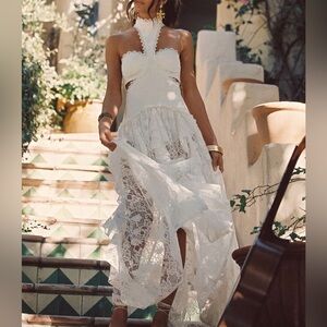 12th Tribe Princesa White Lace Drop Waist Maxi Dress
